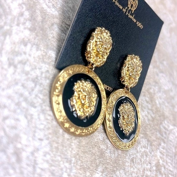 Brand New House of Harlow 1960 Lion Head Gold Tone Black Statement Drop Earring - Picture 9 of 14